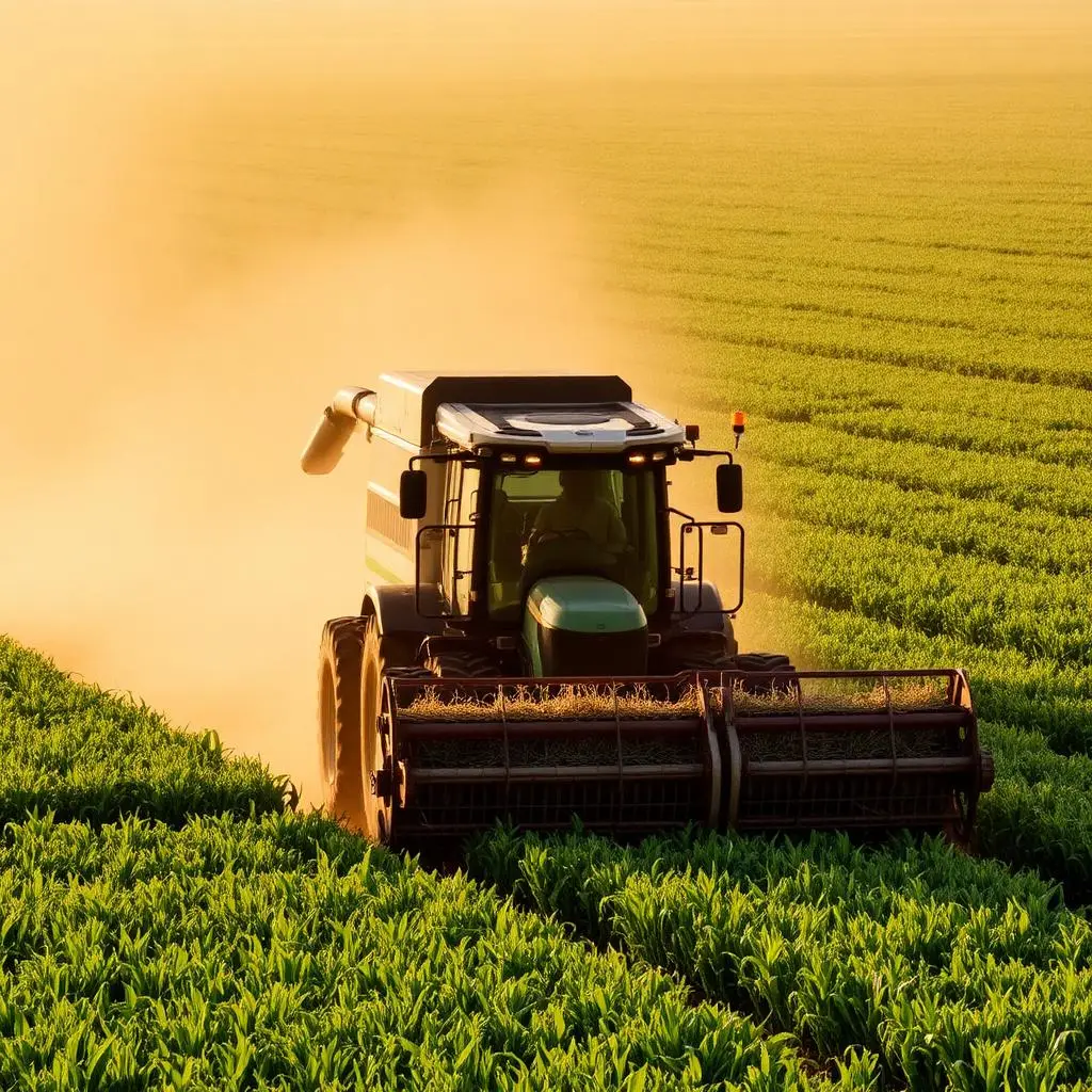 Tractor harvesting maize for silage at golden hour