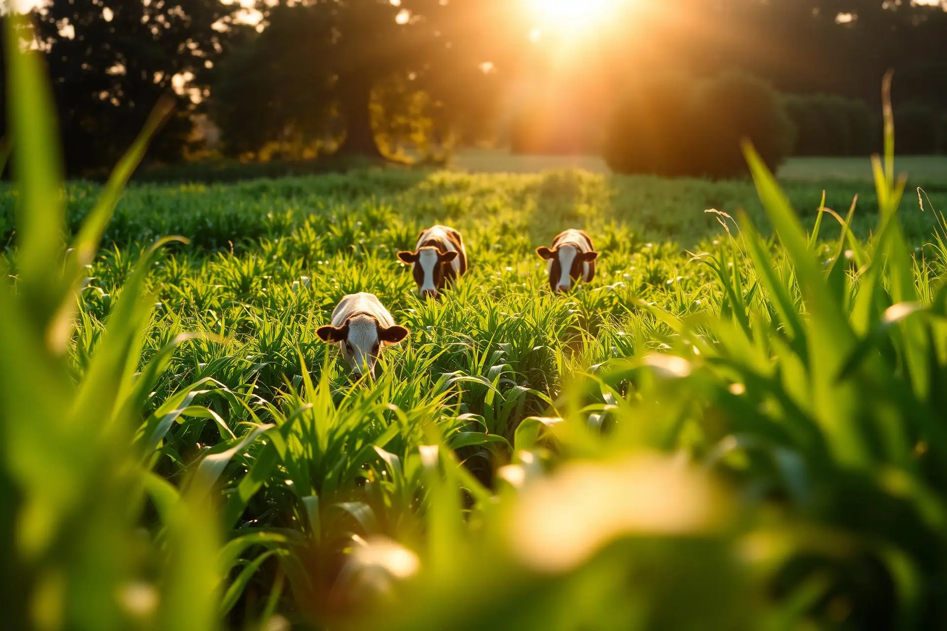 Dairy cows grazing in a green maize field near Sargodha, Punjab
